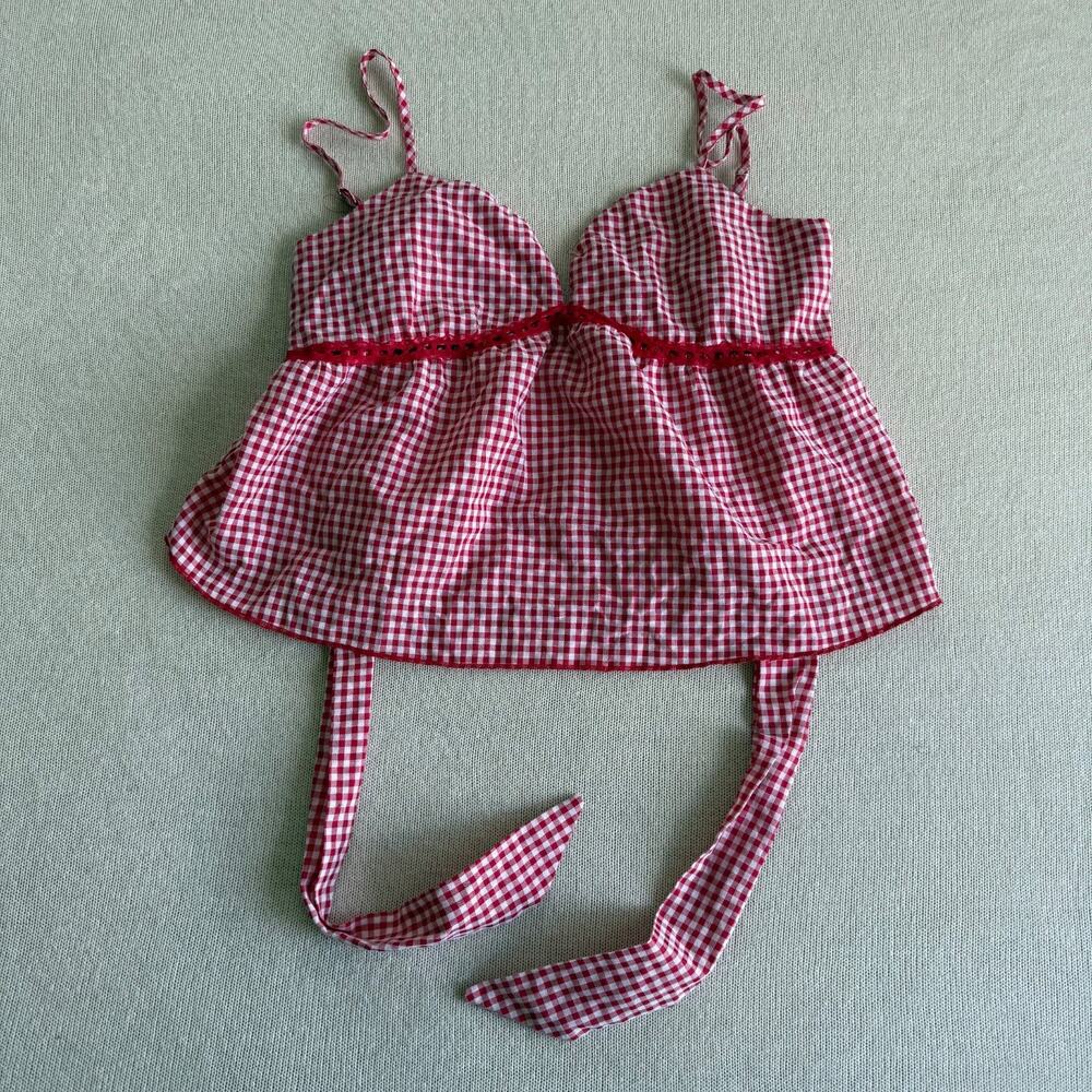 Coco & Shay Gingham Plaid Babydoll Camisole Top Red White Lace Trim Size M